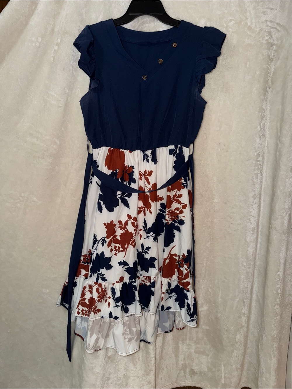 Girls Navy and White Floral Belted Dress